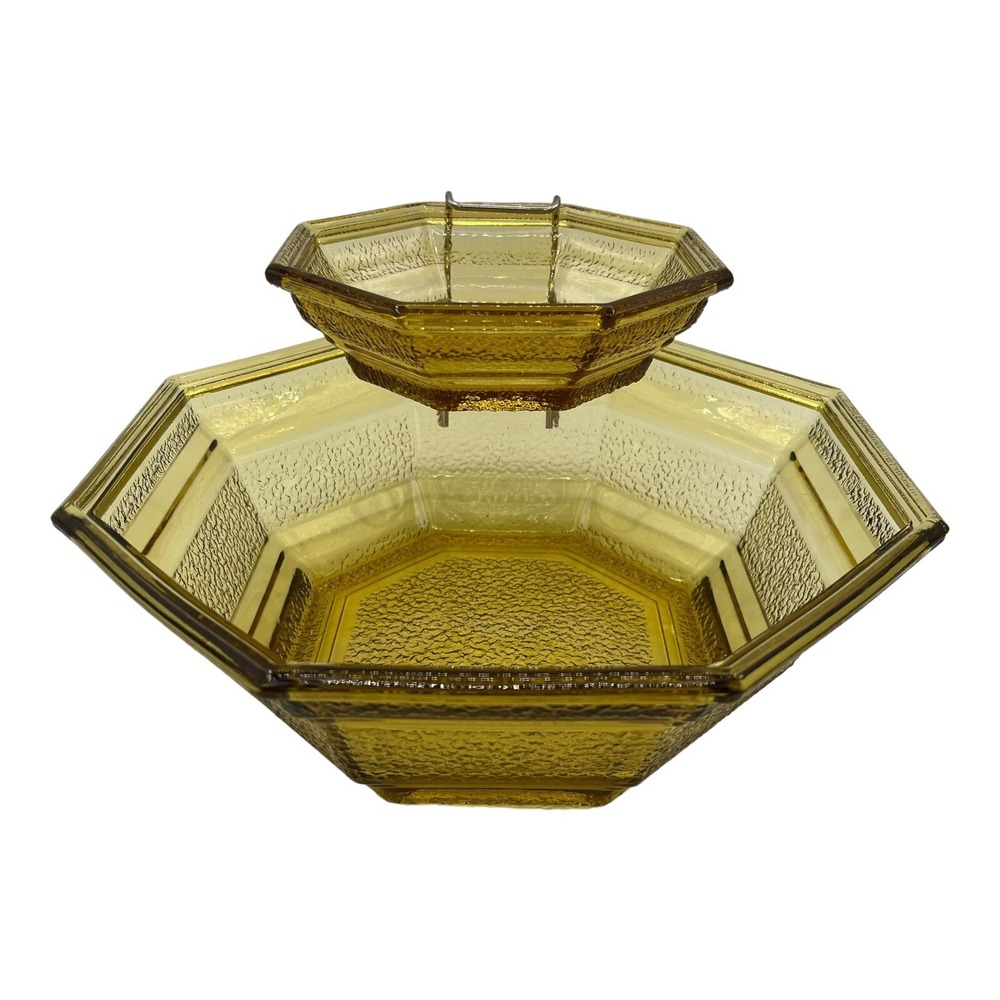 Vintage Anchor Hocking Amber Pebbled Glass Octagon Shape MCM Chip & Dip Bowl Set